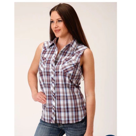 Roper Women’s Sleeveless Pearl Snap Wine Navy White Plaid Western Shirt 2XL Plus - Picture 1 of 12